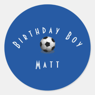 Cute Soccer Birthday Boy Blue and White Classic Round Sticker