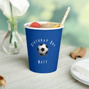 Cute Soccer Birthday Boy Blue and White Paper Cups