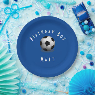 Cute Soccer Birthday Boy Blue and White Paper Plate