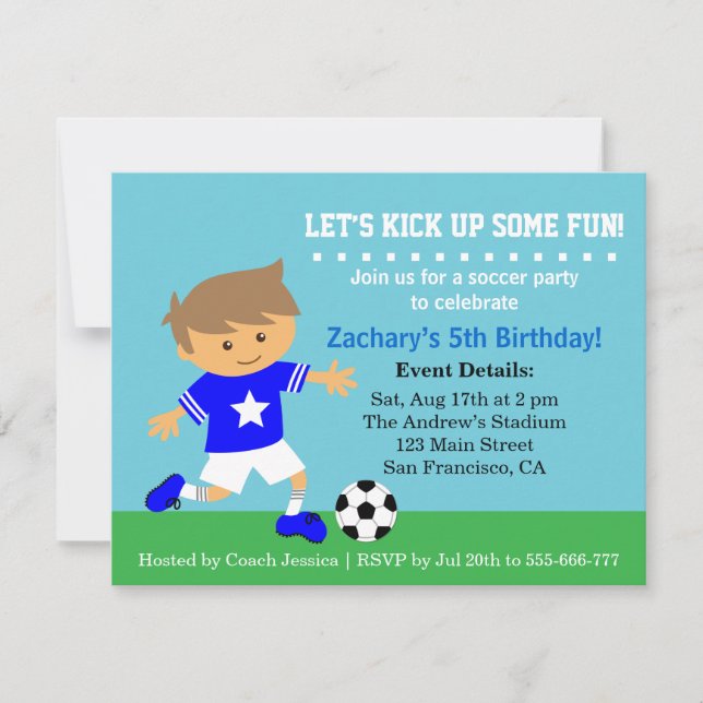 Cute Soccer Boy, Football Themed Birthday Party Invitation (Front)