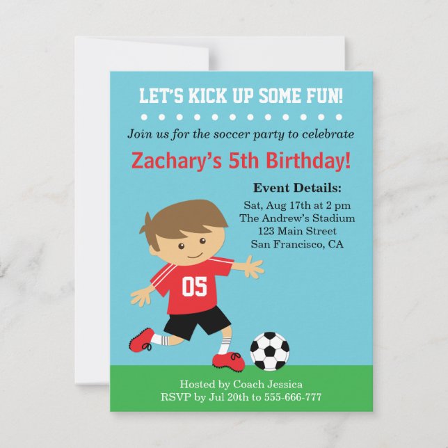 Cute Soccer Boy, Football Themed Birthday Party Invitation (Front)