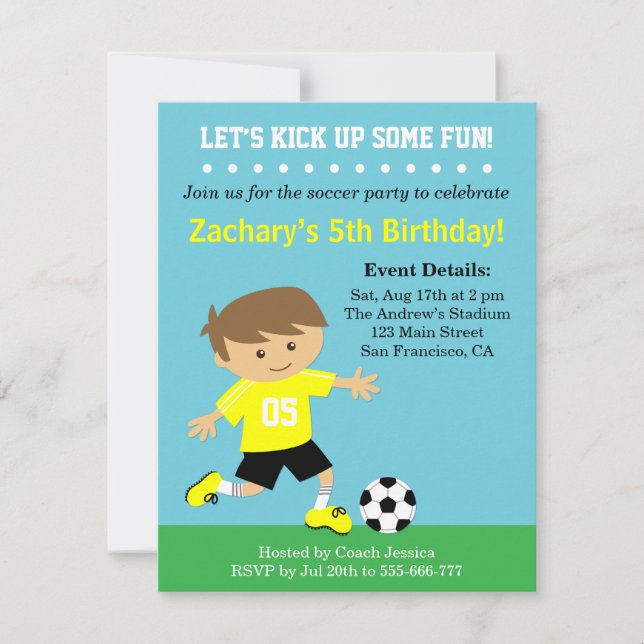 Cute Soccer Boy, Football Themed Birthday Party Invitation (Front)