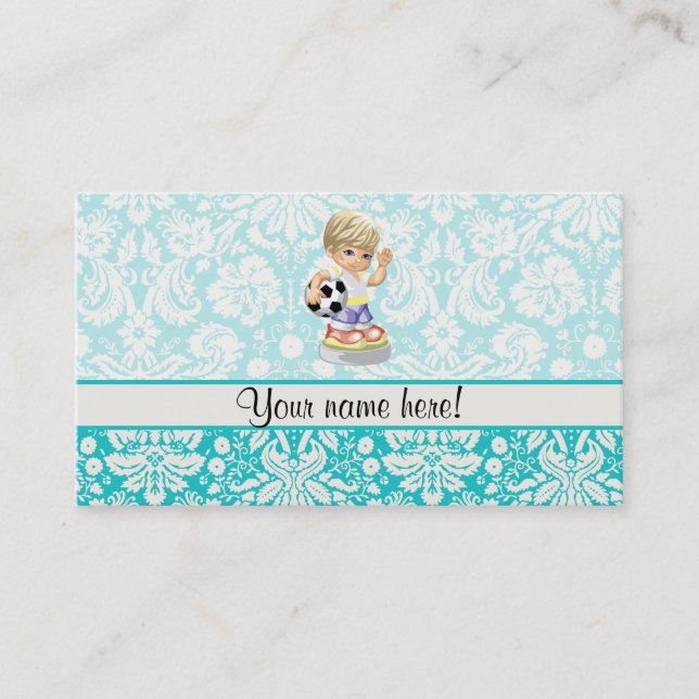 Cute Soccer; Damask Business Card (Front)
