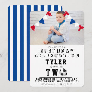 Cute Soccer Football Kids Photo 2nd Birthday Invitation