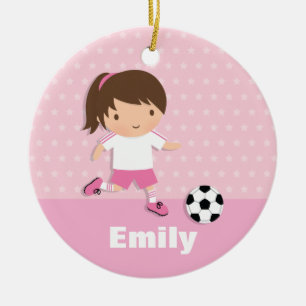 Cute Soccer Footballer Girl Pink Personalised Ceramic Tree Decoration