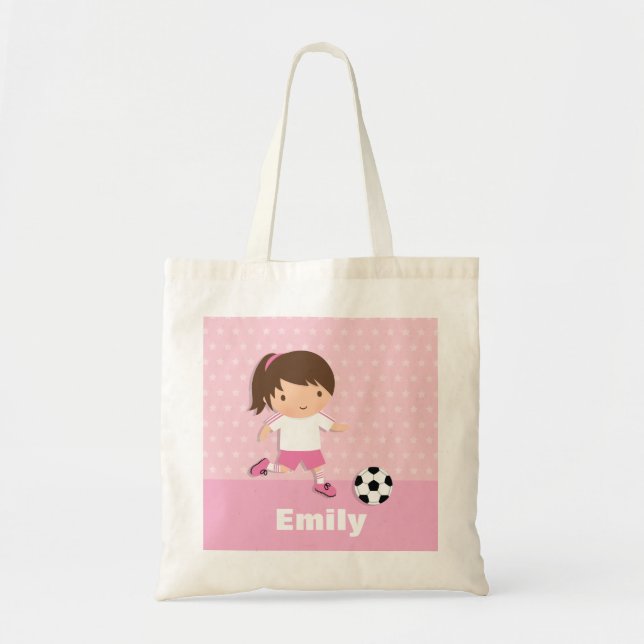 Cute Soccer Footballer Girl Pink Personalized Tote Bag (Front)