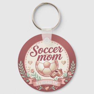 Cute Soccer Mum Gold Pink Floral Key Ring