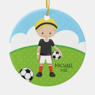 Cute Soccer Player Personalised Dated Christmas Ceramic Tree Decoration