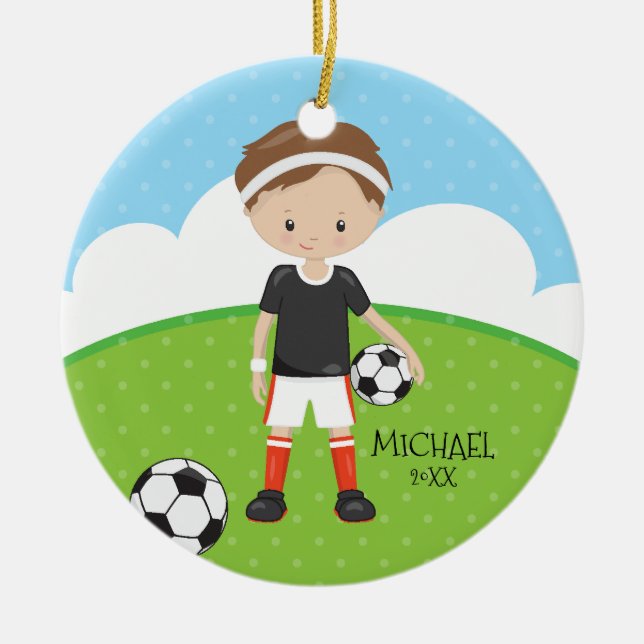 Cute Soccer Player Personalised Dated Christmas Ceramic Tree Decoration (Front)