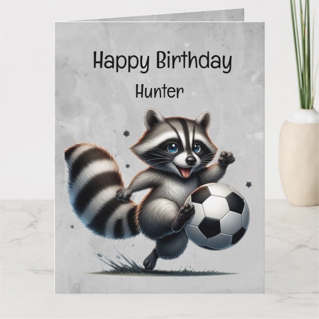 Cute Soccer Player Racoon Custom Birthday Card (Front)