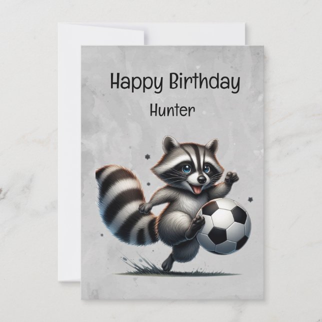 Cute Soccer Player Racoon Custom Birthday Card (Front)