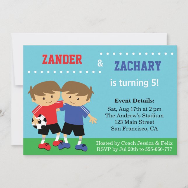Cute Soccer Twins, Soccer Kids Birthday Party Invitation (Front)