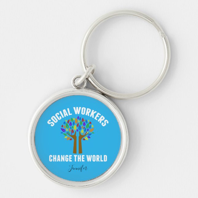 Cute Social Work Quote Blue Rainbow Tree Monogram Key Ring (Front)