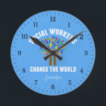 Cute Social Work Quote Round Clock<br><div class="desc">Social Workers Change the World inspirational quote gift on a cool wall clock for a social services waiting room or office. A cute motivational social work quote written around a beautiful tree of rainbow leaves.</div>
