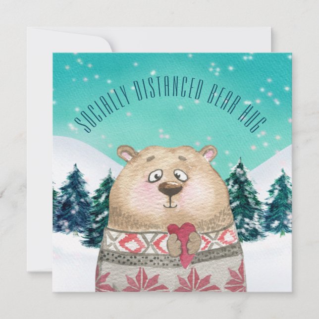Cute Socially Distanced Bear Hug Forest Snow Scene Holiday Card (Front)