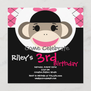 Cute Sock Monkey Birthday Invitations Pink Argyle