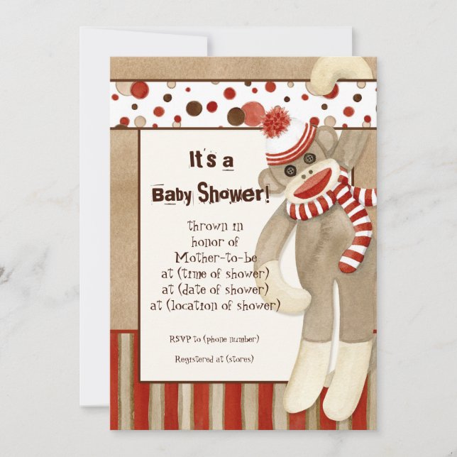 Cute Sock Monkey, Boy Baby Shower Red Invitation (Front)