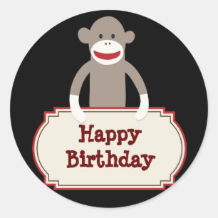 Cute Sock Monkey Happy Birthday Stickers