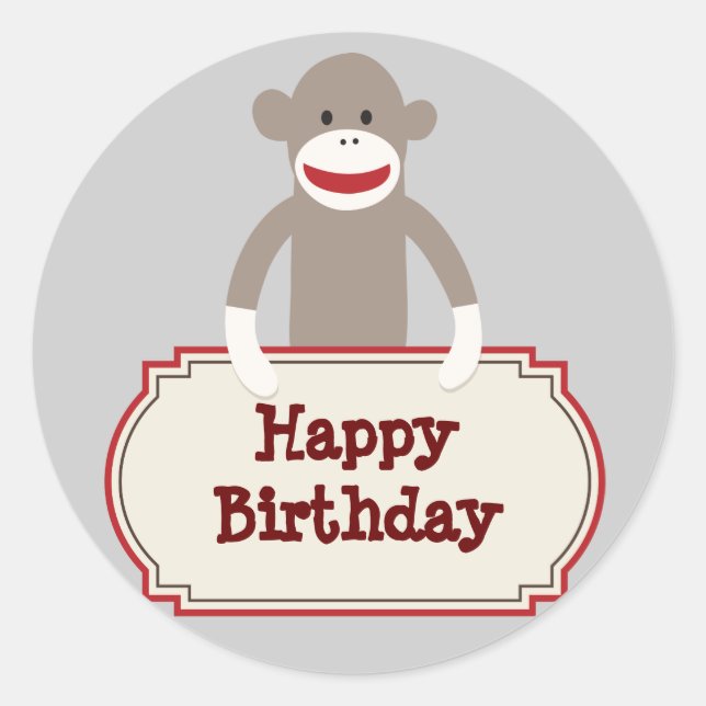 Cute Sock Monkey Happy Birthday Stickers (Front)