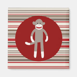 Cute Sock Monkey on Red Circle Red Brown Stripes Magnet