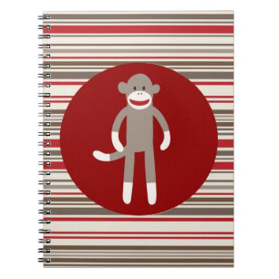 Cute Sock Monkey on Red Circle Red Brown Stripes Notebook