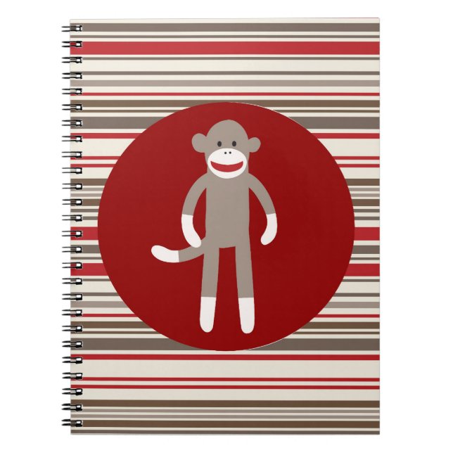 Cute Sock Monkey on Red Circle Red Brown Stripes Notebook (Front)