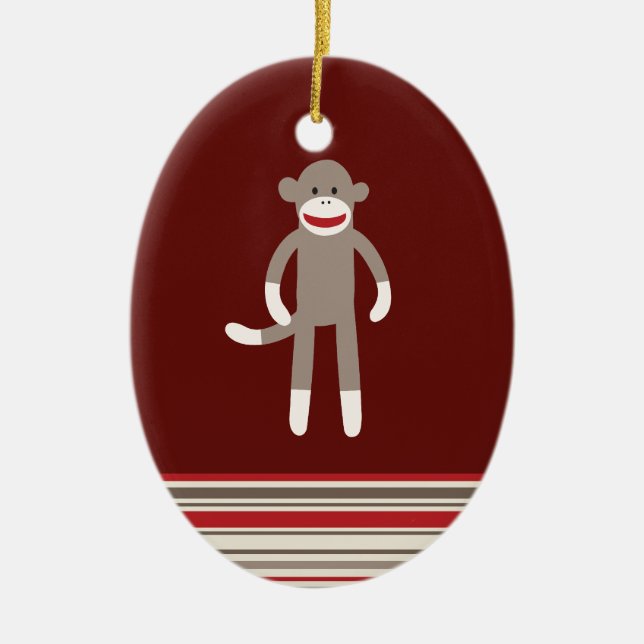 Cute Sock Monkey on Red with Stripes Ceramic Tree Decoration (Front)