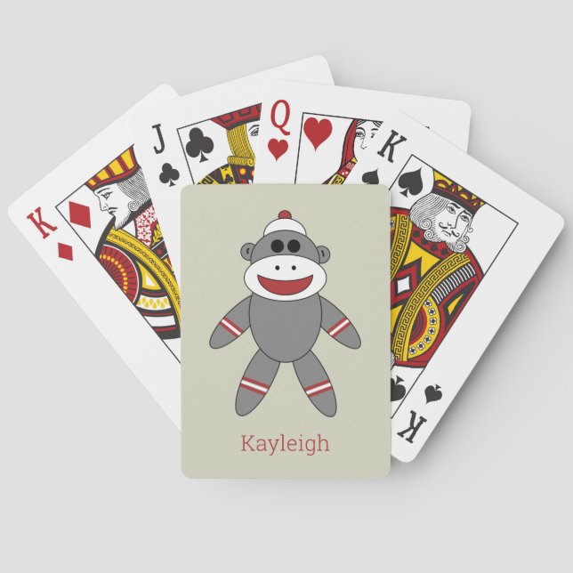 Cute Sock Monkey on Tan With Name Playing Cards (Back)