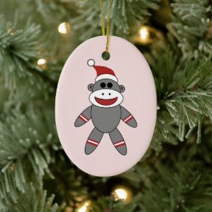 Cute Sock Monkey Wearing Santa Hat Christmas Ceramic Tree Decoration