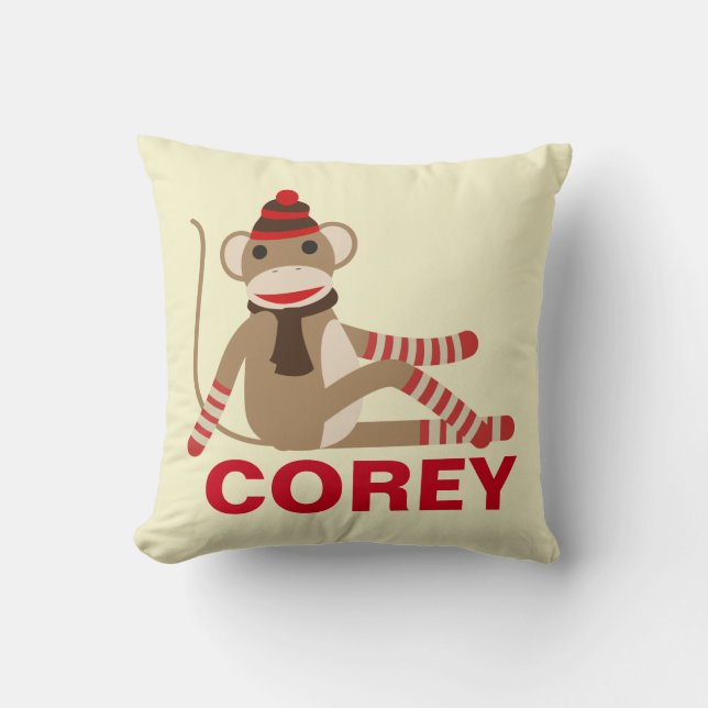 Cute Sock Monkey with Custom Name Cushion (Front)