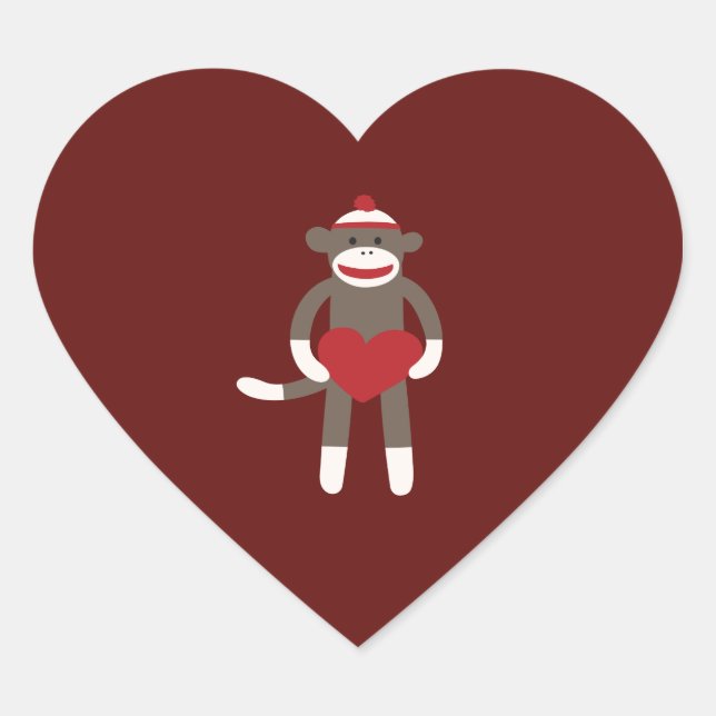 Cute Sock Monkey with Hat Holding Heart Heart Sticker (Front)