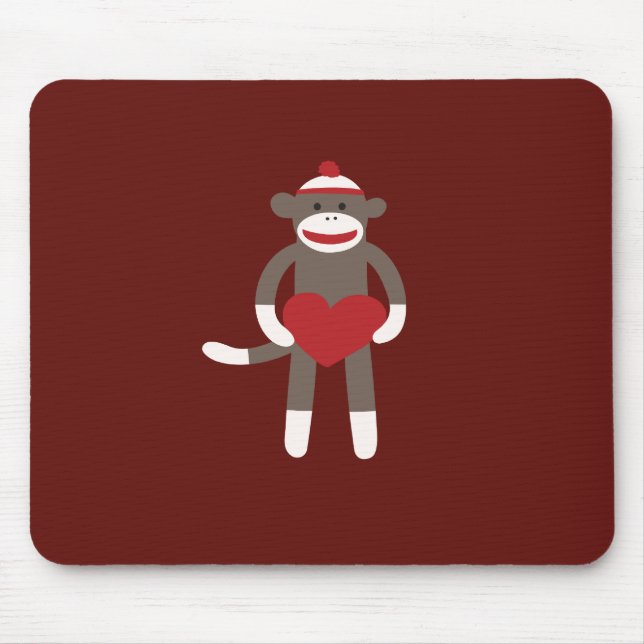 Cute Sock Monkey with Hat Holding Heart Mouse Mat (Front)