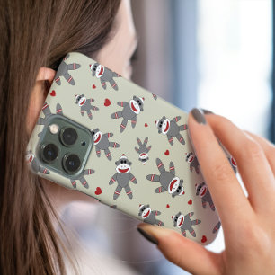 Cute Sock Monkey With Hearts Pattern on Tan iPhone 14 Case
