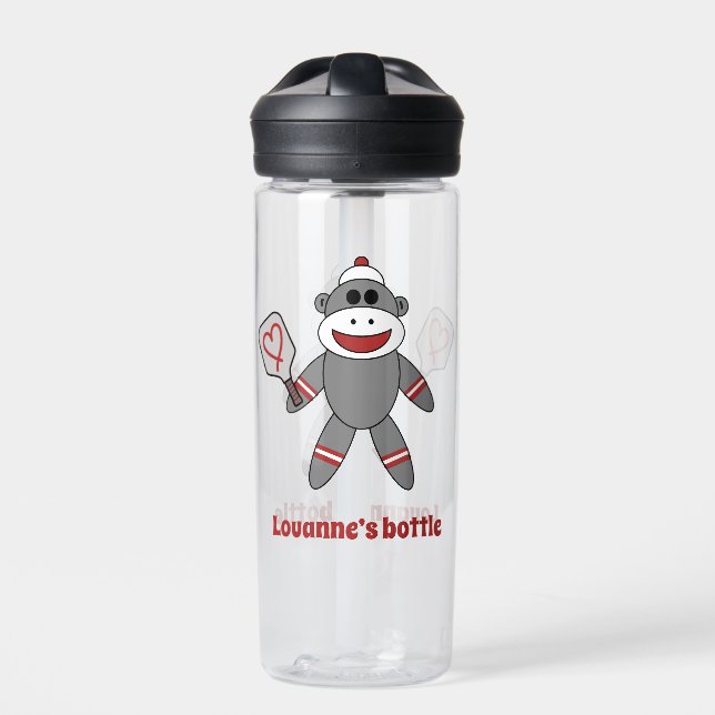 Cute Sock Monkey With Pickleball Paddle Name Water Bottle (Front)