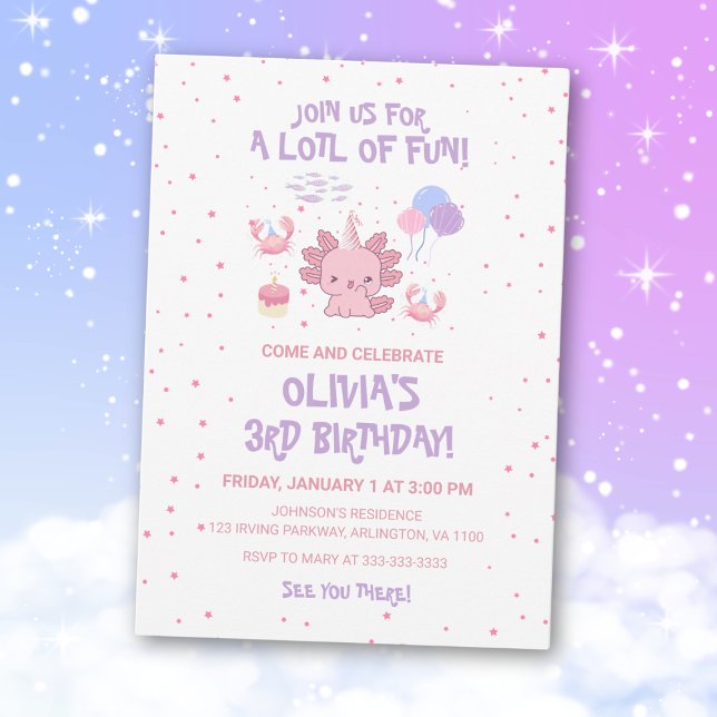 Cute Soft Axolotl Kids Pink Stars Fun Birthday Invitation (Creator Uploaded)