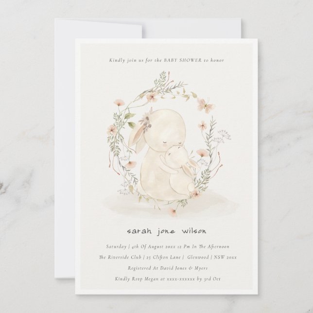 Cute Soft Baby Mom Bunny Floral Wreath Baby Shower Invitation (Front)