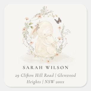 Cute Soft Baby Mum Bunny Floral Wreath Address Square Sticker
