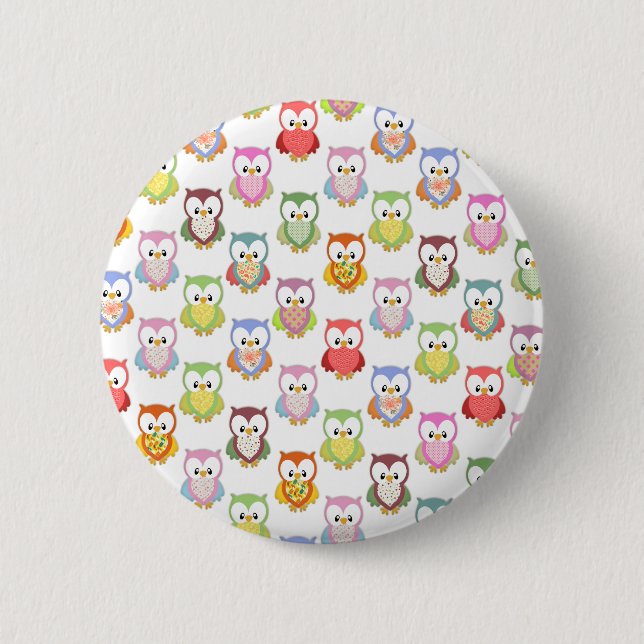 Cute soft colourful owls different chest patterns 6 cm round badge (Front)