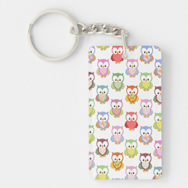 Cute soft colourful owls different chest patterns key ring (Front)