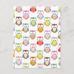 Cute soft colourful owls different chest patterns postcard