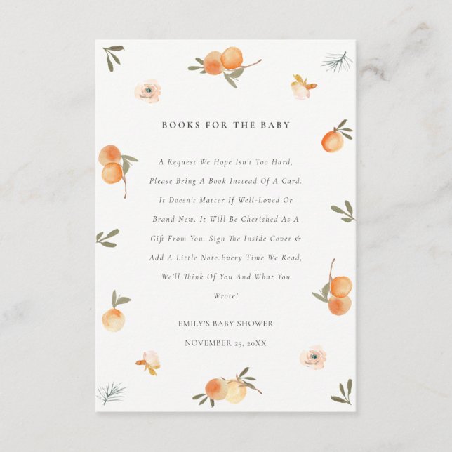 Cute Soft Orange Floral Boho Books For Baby Shower Enclosure Card (Front)