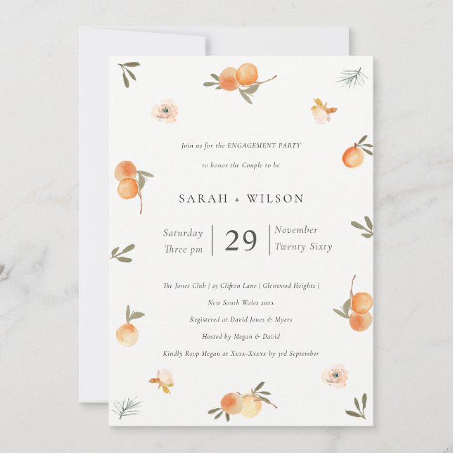 Cute Soft Orange Floral Boho Engagement Invite (Front)