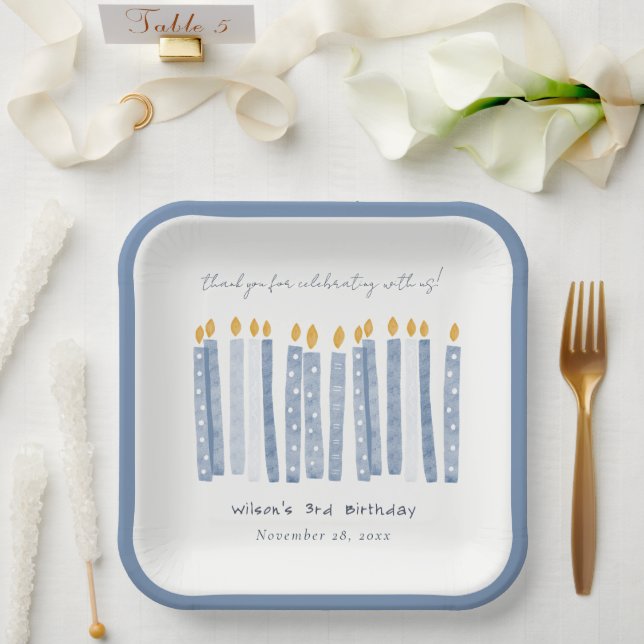 Cute Soft Pastel Blue Watercolor Birthday Candles Paper Plate (Wedding)