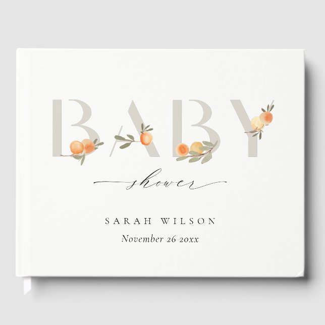 Cute Soft Pastel Orange Floral Boho Baby Shower Guest Book (Front)