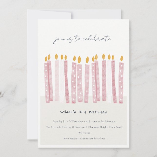 Cute Soft Pastel Pink Watercolor Birthday Candles Invitation (Front)