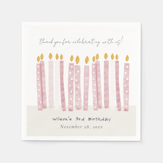 Cute Soft Pastel Pink Watercolor Birthday Candles Napkin (Front)