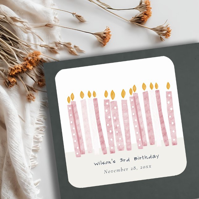 Cute Soft Pastel Pink Watercolor Birthday Candles Square Sticker (Creator Uploaded)