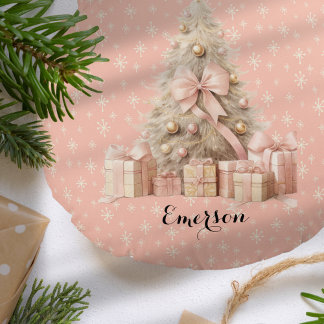Cute Soft Pink Christmas Tree with custom name Round Cushion