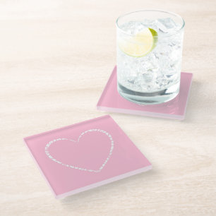 Cute, Soft Pink Decorated Heart Glass Coaster