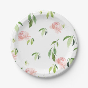 Cute Soft Pink Floral Flowers Greenery Foliage Paper Plate